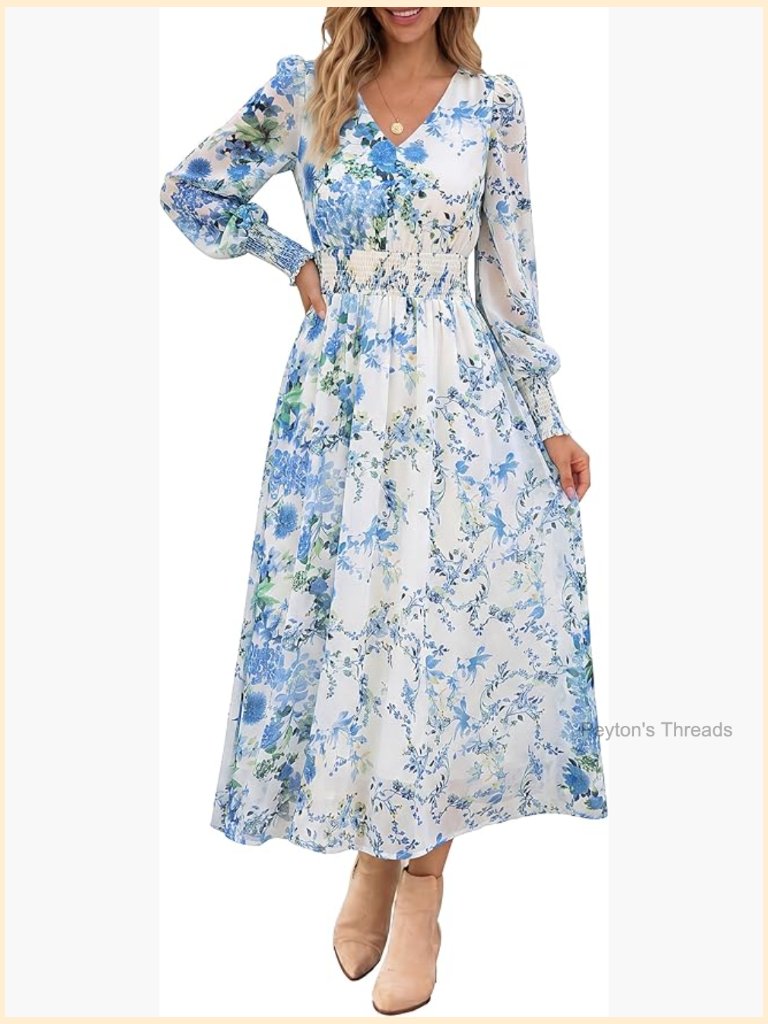 Long Sleeve Floral Maxi Dress Casual V Neck Chiffon Boho Flowy Beach Fall